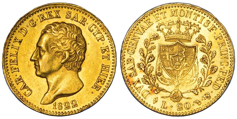 REGNO DI SARDEGNA. CARLO FELICE DI SAVOIA, 1821-1831. 20 Lire 1822. Torino.  - Auction Numismatics - Cambi Casa d'Aste