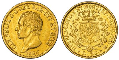 Carlo Felice di Savoia, 20 Lire del Regno di Sardegna, 1826, Torino