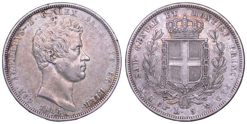 REGNO DI SARDEGNA. CARLO ALBERTO DI SAVOIA, 1831-1849. 5 Lire 1834. Torino.  - Auction Numismatics - Cambi Casa d'Aste