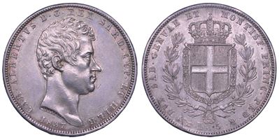 Carlo Alberto di Savoia, 5 Lire 1837, Regno di Sardegna, Genova