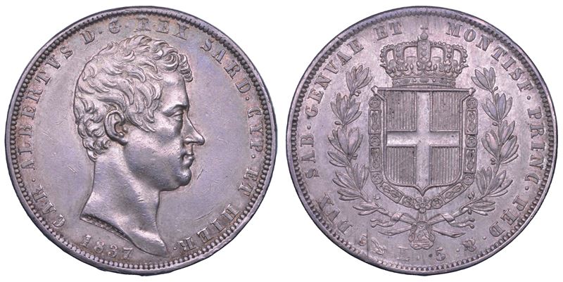 REGNO DI SARDEGNA. CARLO ALBERTO DI SAVOIA, 1831-1849. 5 Lire 1837. Genova.  - Asta Numismatica - Cambi Casa d'Aste