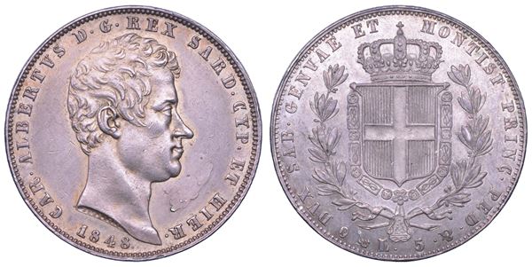 REGNO DI SARDEGNA. CARLO ALBERTO DI SAVOIA, 1831-1849. 5 Lire 1848. Genova.
