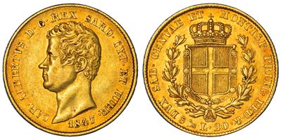 Regno di Sardegna, Carlo Alberto di Savoia, 20 Lire 1847, Genova