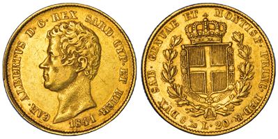Carlo Alberto di Savoia, 20 Lire 1841, Oro, Genova