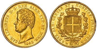 Regno di Sardegna, Carlo Alberto di Savoia, 20 Lire 1842, oro