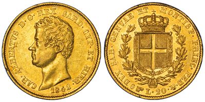 Regno di Sardegna, Carlo Alberto di Savoia, 20 Lire 1842, oro