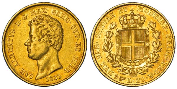 REGNO DI SARDEGNA. CARLO ALBERTO DI SAVOIA, 1831-1849. 20 Lire 1833. Torino.