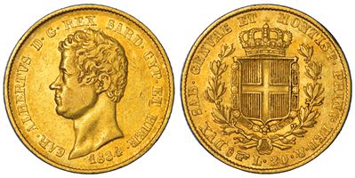 Regno di Sardegna, Carlo Alberto di Savoia, 20 Lire 1834, Oro