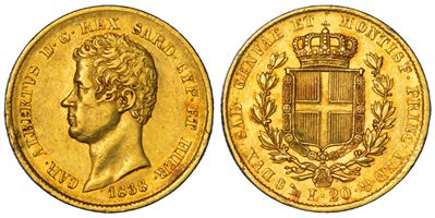 REGNO DI SARDEGNA, Carlo Alberto di Savoia, 20 Lire 1838, Genova