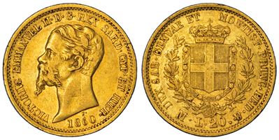 Regno di Sardegna, Vittorio Emanuele II di Savoia, 20 Lire 1860, oro