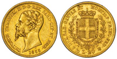 Regno di Sardegna, Vittorio Emanuele II di Savoia, 20 Lire 1855, oro