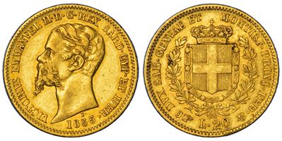 Regno di Sardegna, Vittorio Emanuele II di Savoia, 20 lire 1855, oro