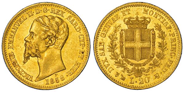 REGNO DI SARDEGNA. VITTORIO EMANUELE II DI SAVOIA, 1849-1861. 20 Lire 1858. Genova.