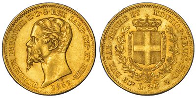 VITTORIO EMANUELE II DI SAVOIA, 20 Lire 1859, Oro, Torino