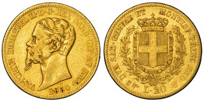 Regno di Sardegna, Vittorio Emanuele II di Savoia, 20 Lire 1850, oro, Torino