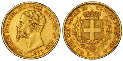 VITTORIO EMANUELE II DI SAVOIA, 20 Lire 1851, Genova