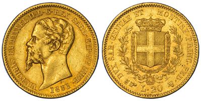 Regno di Sardegna, Vittorio Emanuele II di Savoia, 20 Lire del 1851, Torino