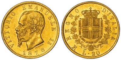 REGNO D'ITALIA, 20 Lire 1878 di Vittorio Emanuele II di Savoia