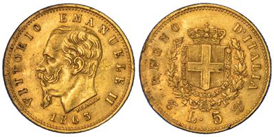 Vittorio Emanuele II di Savoia, Moneta da 5 Lire, 1863, Torino