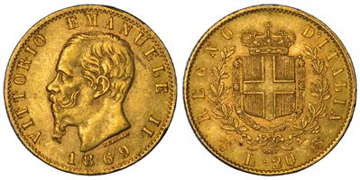 Regno d'Italia, Vittorio Emanuele II di Savoia, 20 Lire 1869, oro, Torino