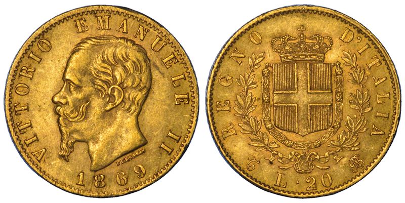 REGNO D'ITALIA. VITTORIO EMANUELE II DI SAVOIA, 1861-1878. 20 Lire 1869. Torino.  - Auction Numismatics - Cambi Casa d'Aste