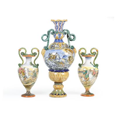 Ceramiche invetriate, coppia di vasi biansati e vaso singolo, XX secolo