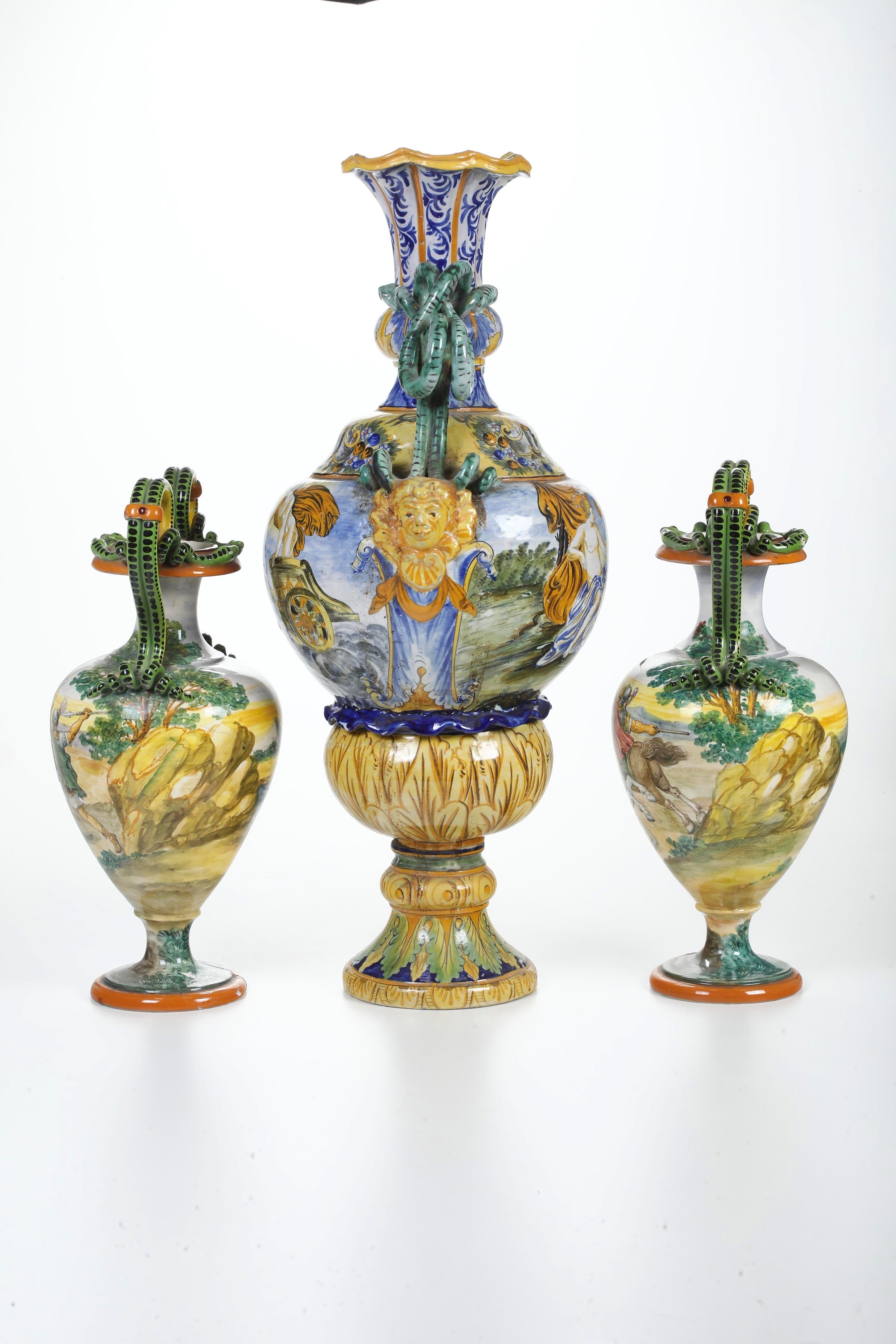 Ceramiche invetriate, coppia di vasi biansati e vaso singolo, XX secolo