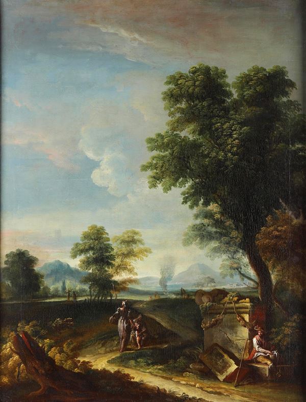 Scuola veneta del XVIII secolo Paesaggio con contadini e rovine