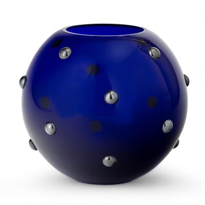Vaso sferico in vetro soffiato blu con applicazioni metalliche (ca. 1990)