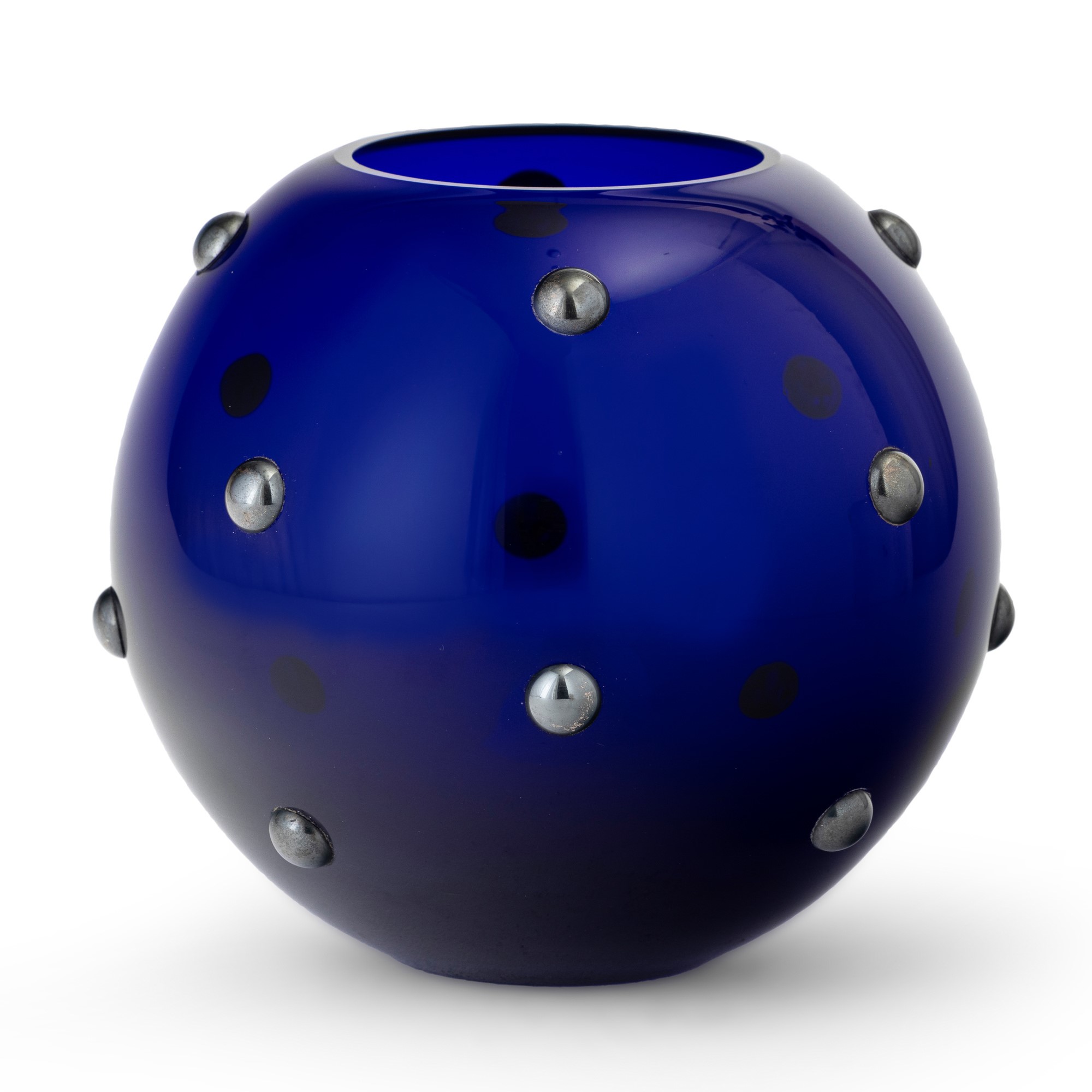 Cleto Munari - Vaso sferico in vetro soffiato blu con applicazioni metalliche (ca. 1990)