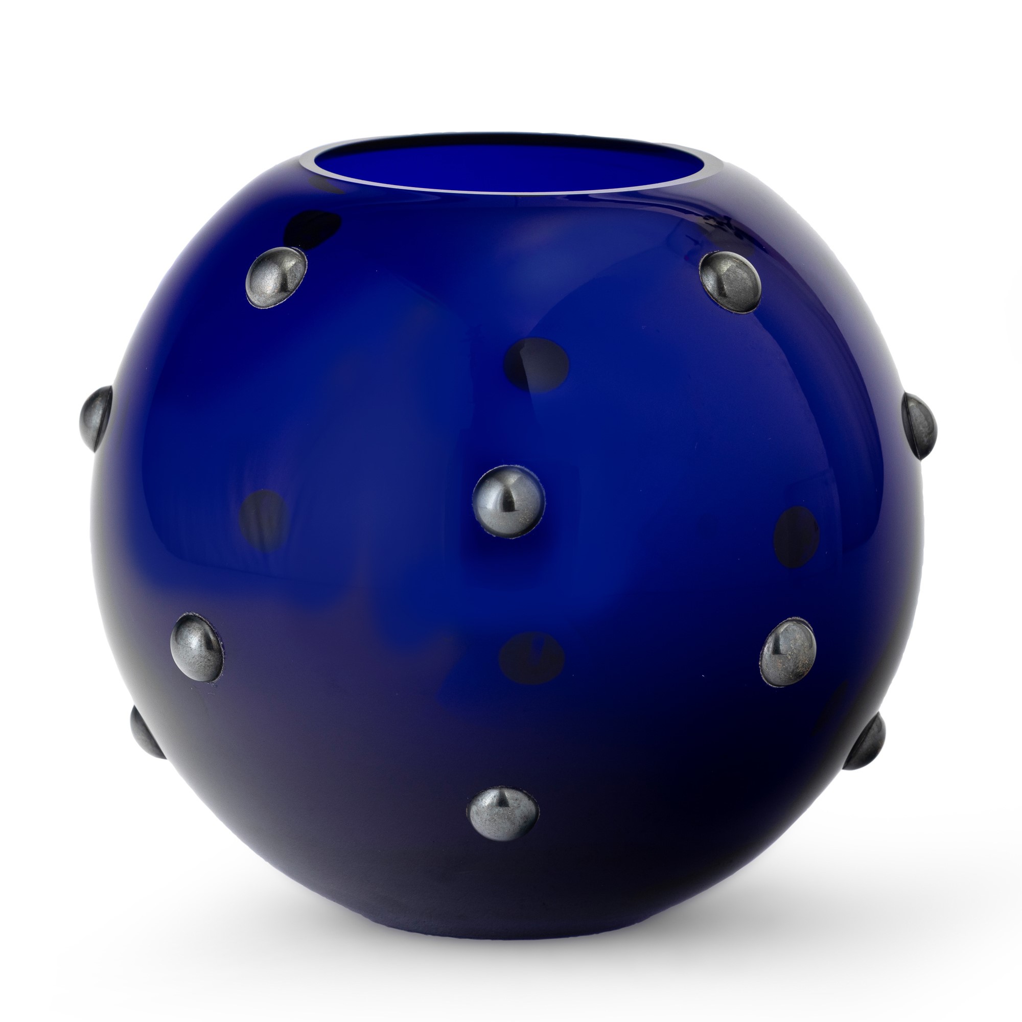 Cleto Munari - Vaso sferico in vetro soffiato blu con applicazioni metalliche (ca. 1990)