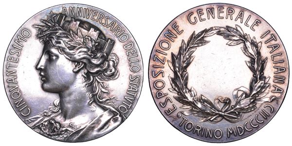 REGNO  D'ITALIA.  UMBERTO I DI SAVOIA, 1890-1896. Medaglia in argento 1898. Torino.  Cinquantesimo anniversario dello Statuto Albertino.