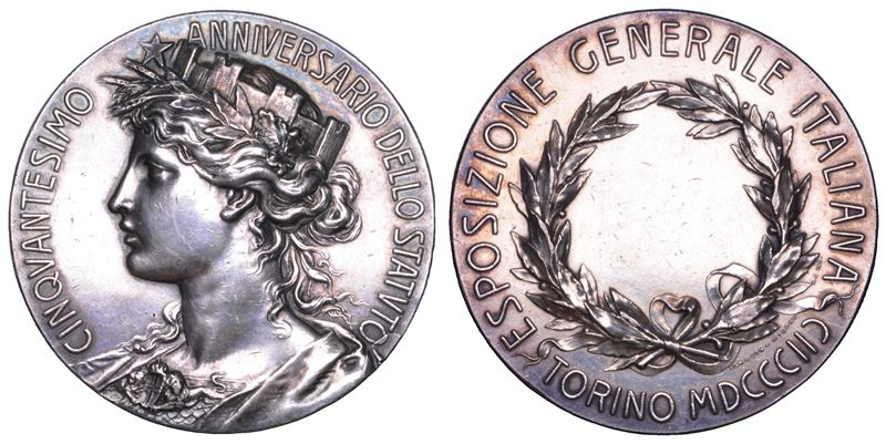REGNO  D'ITALIA.  UMBERTO I DI SAVOIA, 1890-1896. Medaglia in argento 1898. Torino.  Cinquantesimo anniversario dello Statuto Albertino.  - Asta Numismatica - Cambi Casa d'Aste