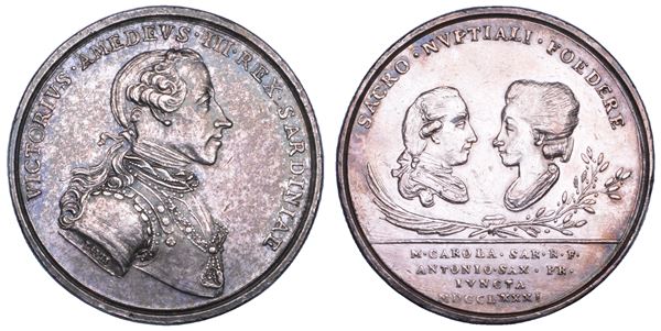 REGNO DI SARDEGNA. VITTORIO AMEDEO III DI SAVOIA, 1773-1796. Medaglia in argento 1781. Celebrativa del matrimonio di Clemente Antonio di Sassonia a s. e di Maria Carolina di Savoia.