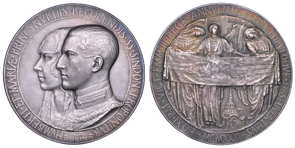 REGNO D'ITALIA. REGNANTI VITTORIO EMANUELE III E PIO XI. UMBERTO II DI SAVOIA, 1904-1983. Medaglia in argento 1931. Ostensione della Sindone a Torino in occasione delle nozze di Umberto di Savoia, Principe di Piemonte, con Maria Josè del Belgio.