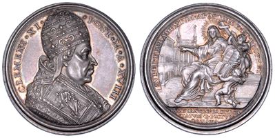 Clemente XI (Giovanni Francesco Albani), Medaglia annuale in argento, 1718, Decorazione della bas...
