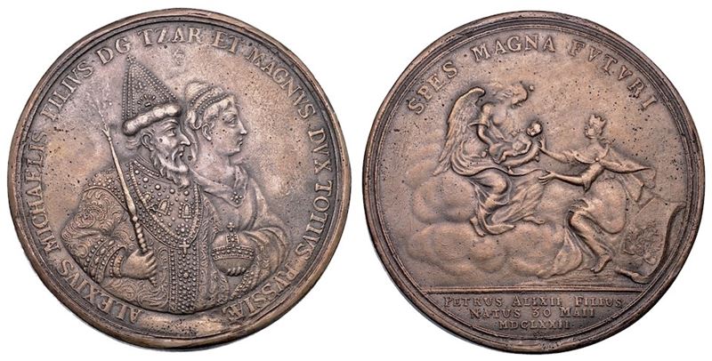 RUSSIA. ALEXIS MICHAIJLOVIC ROMANOV e NATALIA KIRILLNOVA NARYSKINA, 1645-1676. Medaglia in bronzo 1672. Nascita dello zarevich Petr Alekseevich.  - Auction Numismatics - Cambi Casa d'Aste