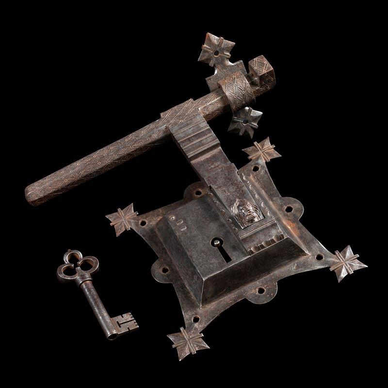 Serratura in ferro da portone. Germania, XVII secolo  - Auction Leopoldo Conforti Collection. Ten Centuries of Keys, Chests and Locks - Cambi Casa d'Aste