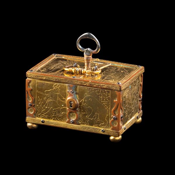 Forzierino portagioie in ottone dorato e inciso. Norimberga, bottega di Michael Mann, inizio XVII secolo