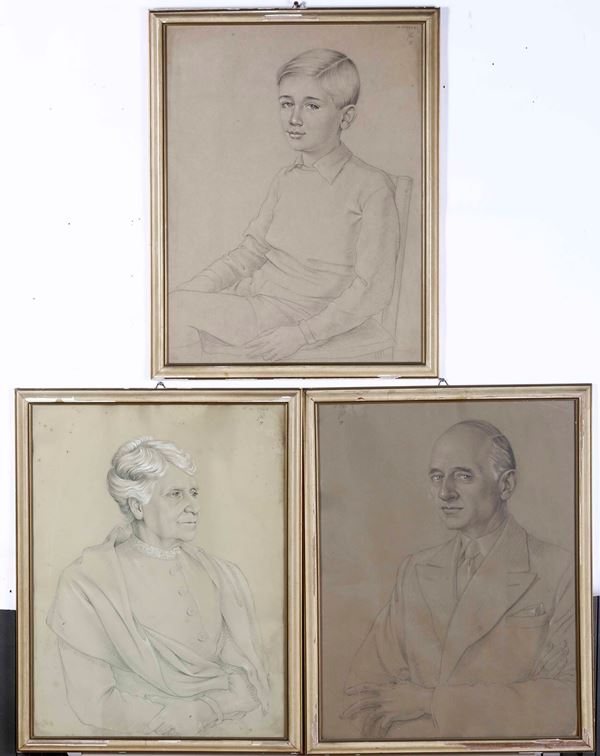 Tre disegni siglati FR 1944 raffiguranti ritratto di fanciullo, signora anziana e gentiluomo