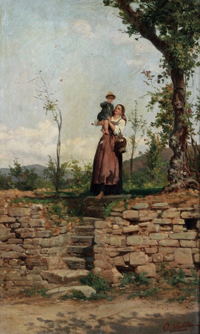 O. Galli (?), Contadina con bambino, olio su tavola