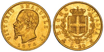 Regno d'Italia, Vittorio Emanuele II di Savoia, 20 Lire 1874, Milano