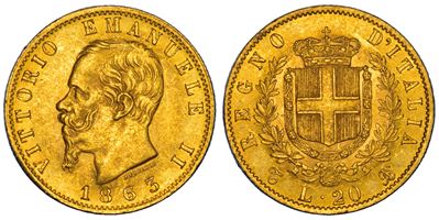 VITTORIO EMANUELE II DI SAVOIA, 20 Lire 1863, Torino