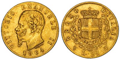 Regno d'Italia, Vittorio Emanuele II di Savoia, 20 Lire 1864, Torino