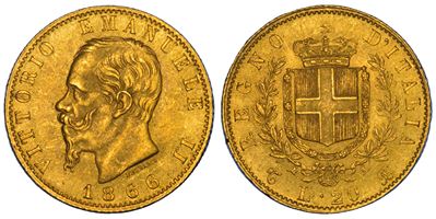 Regno d'Italia, Vittorio Emanuele II di Savoia, 20 Lire, 1866, Torino
