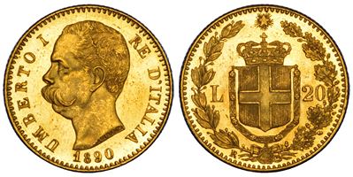 Regno d'Italia, Umberto I di Savoia, 20 Lire, 1890, oro