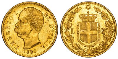 Regno d'Italia, 20 Lire 1880, Umberto I di Savoia, Oro