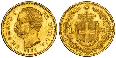 Regno d'Italia, Umberto I di Savoia, 20 Lire 1881, Oro