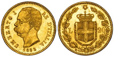 Regno d'Italia, Umberto I di Savoia, 20 Lire 1882, oro