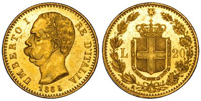 Umberto I di Savoia, 20 Lire 1885, oro